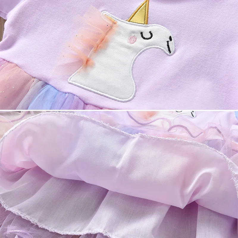 New Unicorn Princess Dress Baby Girls Dress Rainbow Spring Autumn Kids Clothes Dress Party Long-sleeved For Children\'s Dress