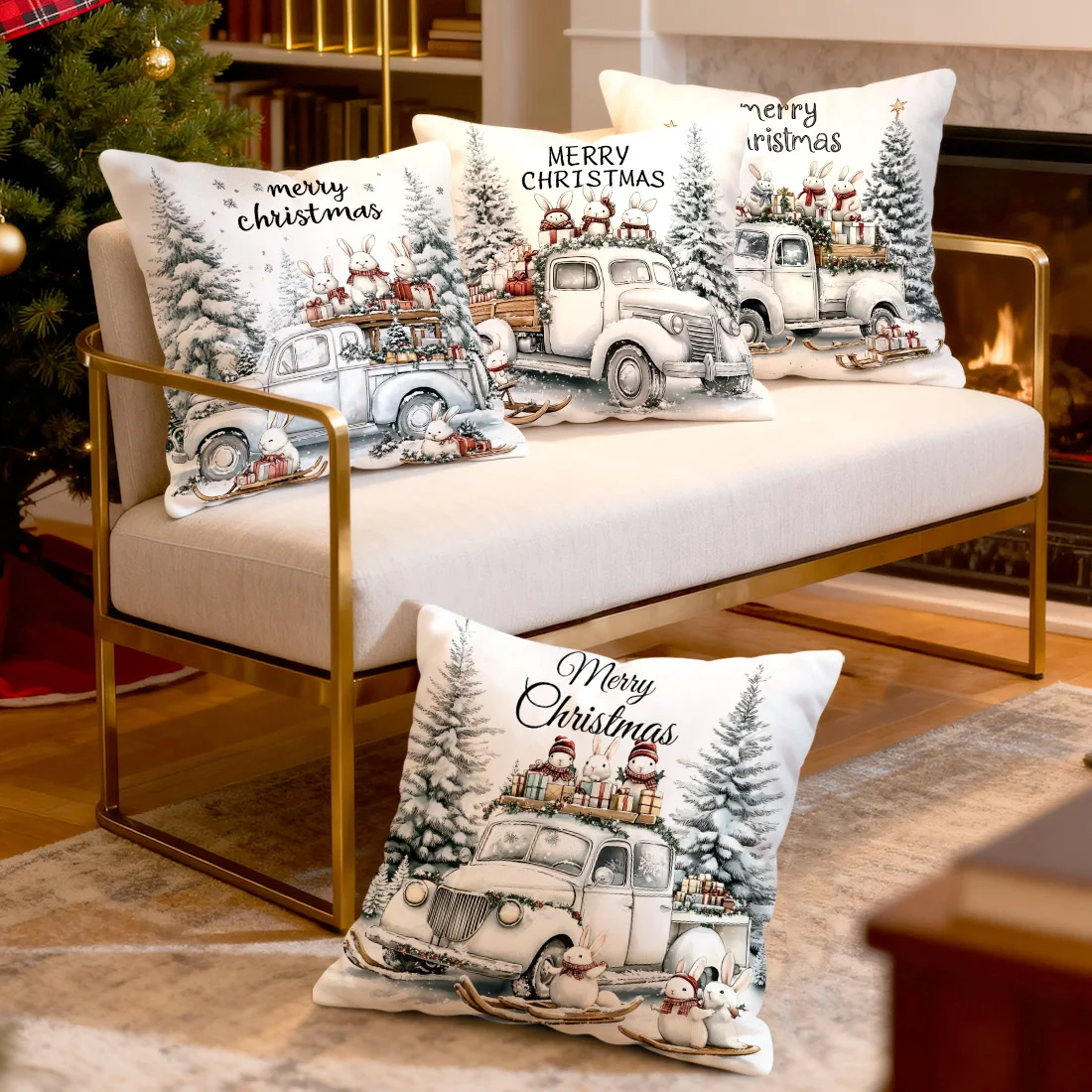 Christmas bunny gift delivery team  Cushions Pillowcase Polyester Cushion Cover Throw Pillow Pillowcover Home Car Sofa Decor