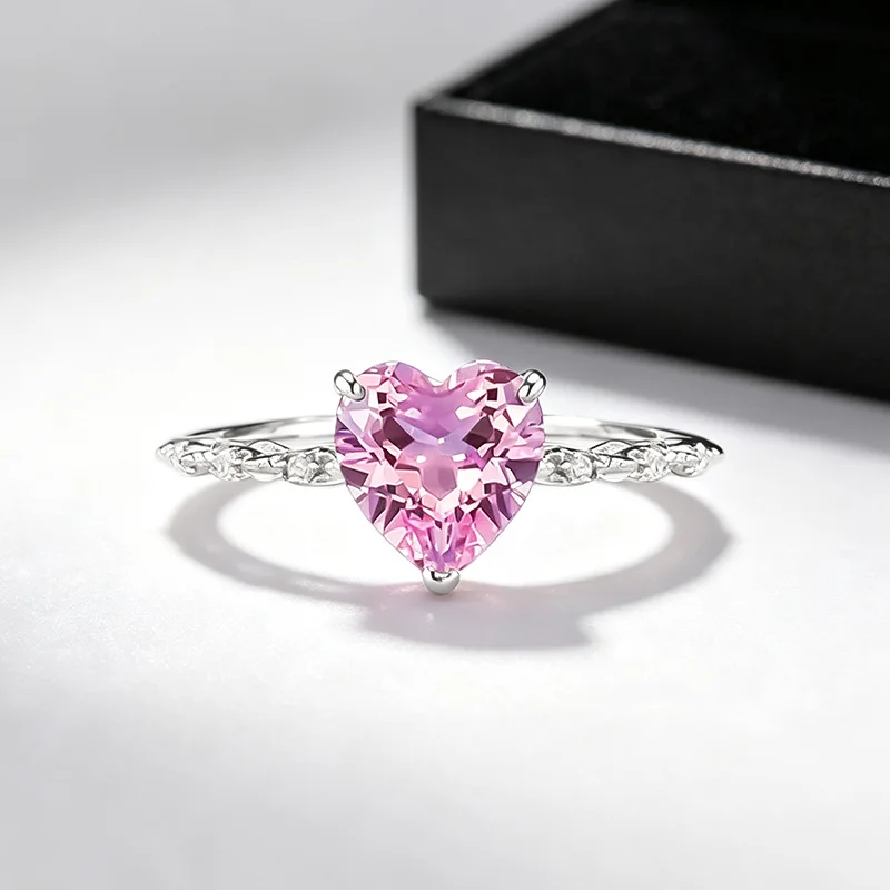 S925 Silver Ring 7*7mm Heart‑Cut Pink Lab‑Created Gemstone Solitaire Ring Twisted Pave Shank Dainty Fine Jewelry Women