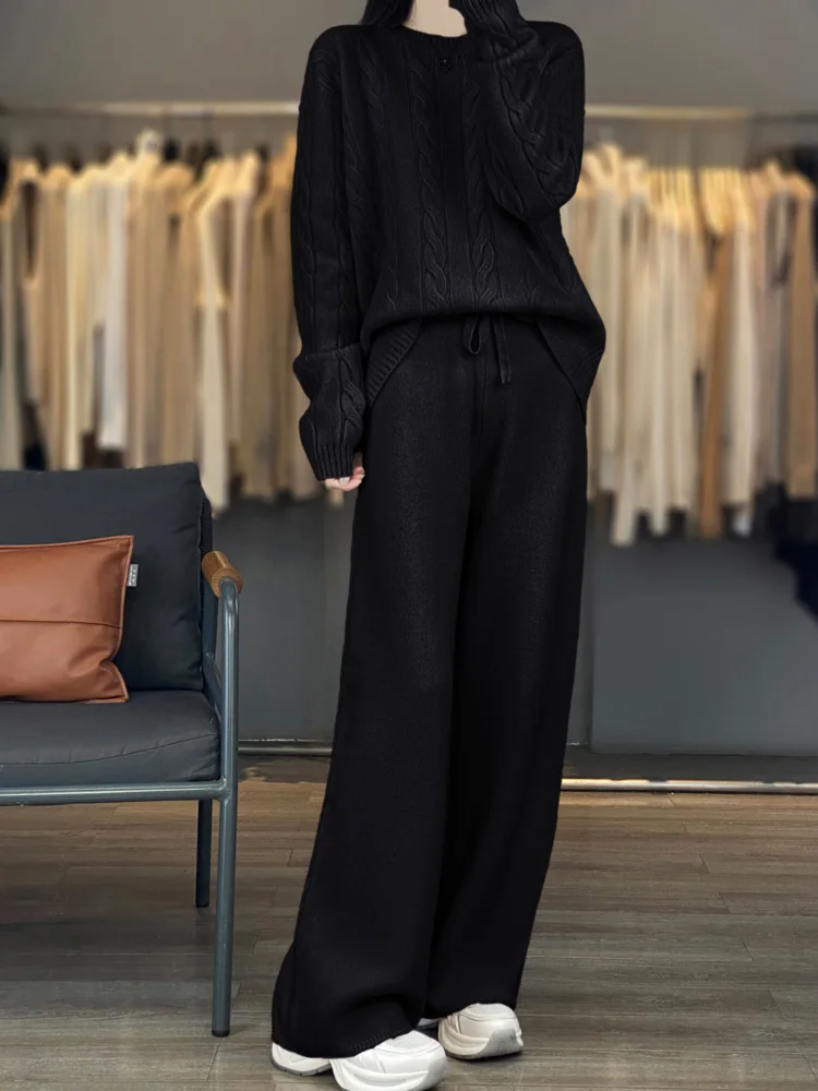 High Quality Wool Knitted Two Piece Set Autumn Winter New Women Solid O-neck Sweater and High Waist Wide Leg Pants Matching Suit