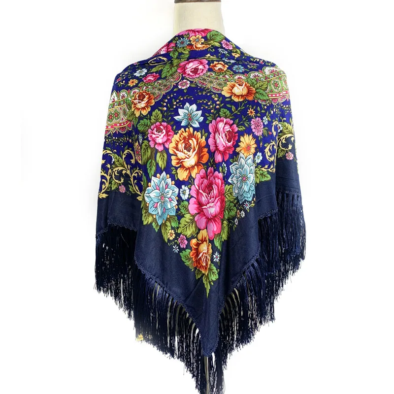 

125cm Floral Printed Russian Shawl Retro National Ukraine Babushka Square Bandana Fringed Scarf Women's Headscarf Female Hijab