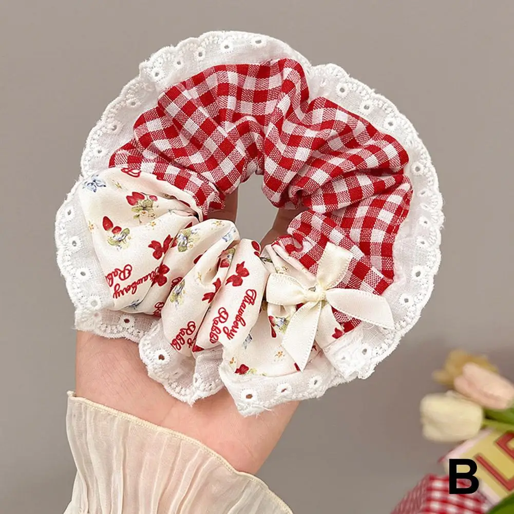 Sweet Strawberry Flowers Scrunchies Hair Accessories For Women Girl Elastic Hair Hair tie Ponytail Holder Rubber Hair Band