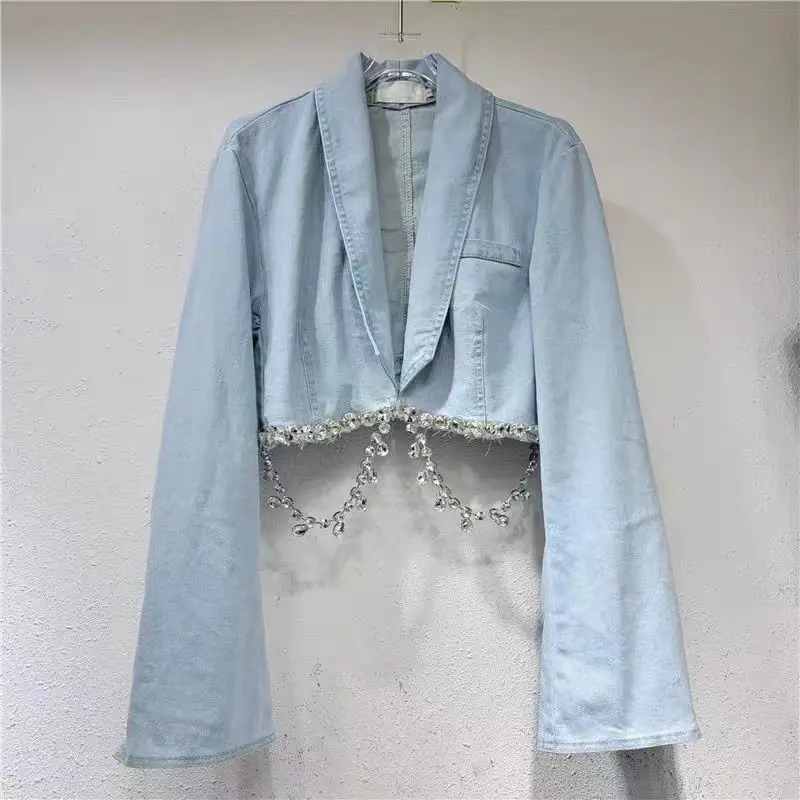 Heavy Duty Rhinestone Chain Decorated Short Jeans Jacket Women's Clean Fit Cotton Blend Quick Dry Spring Autumn Blue Denim
