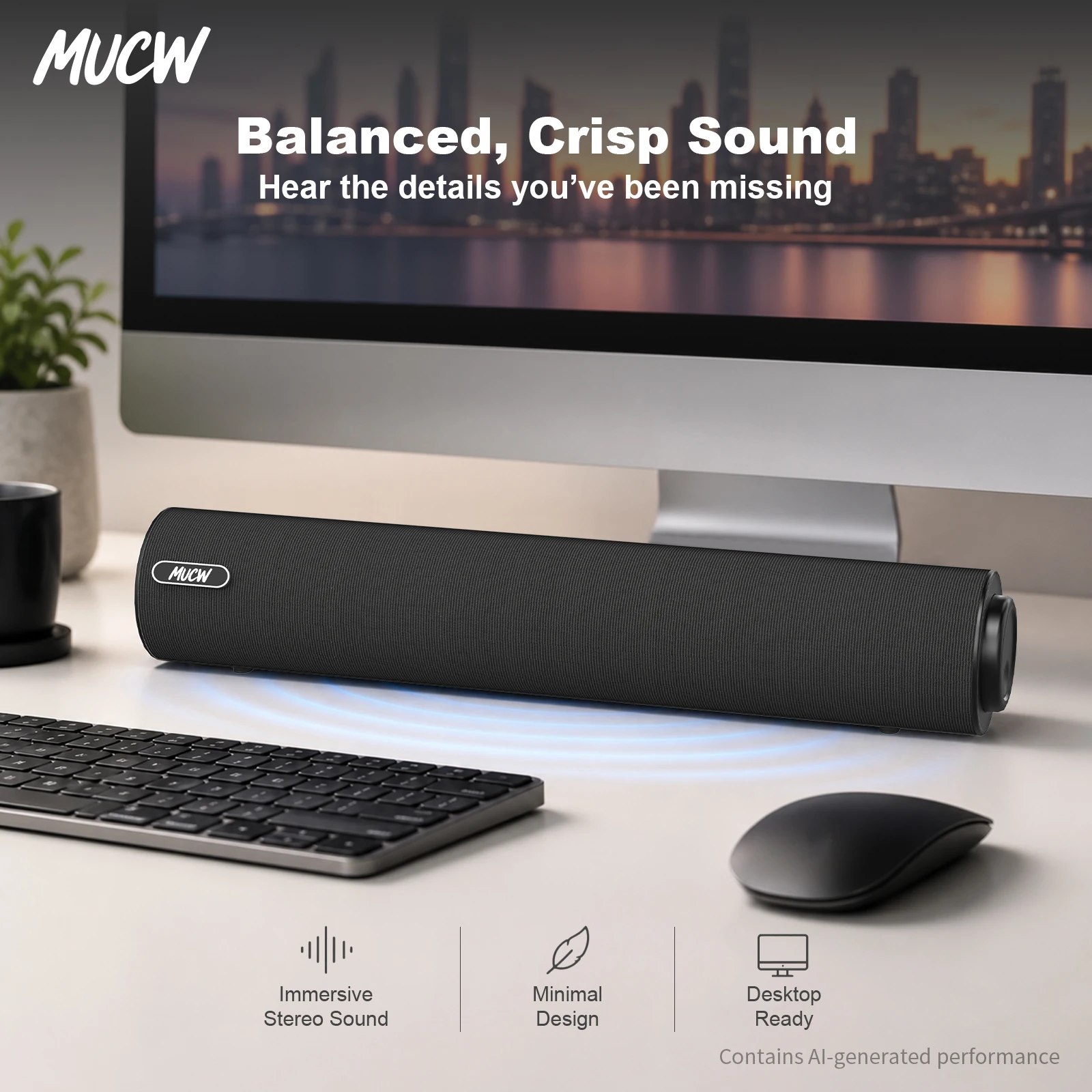 MUCW MU‑C05 Desktop Wired Soundbar Speaker 6W Stereo Audio USB Power 3.5mm AUX Input For PC Laptop Notebook Monitor Home Office Use