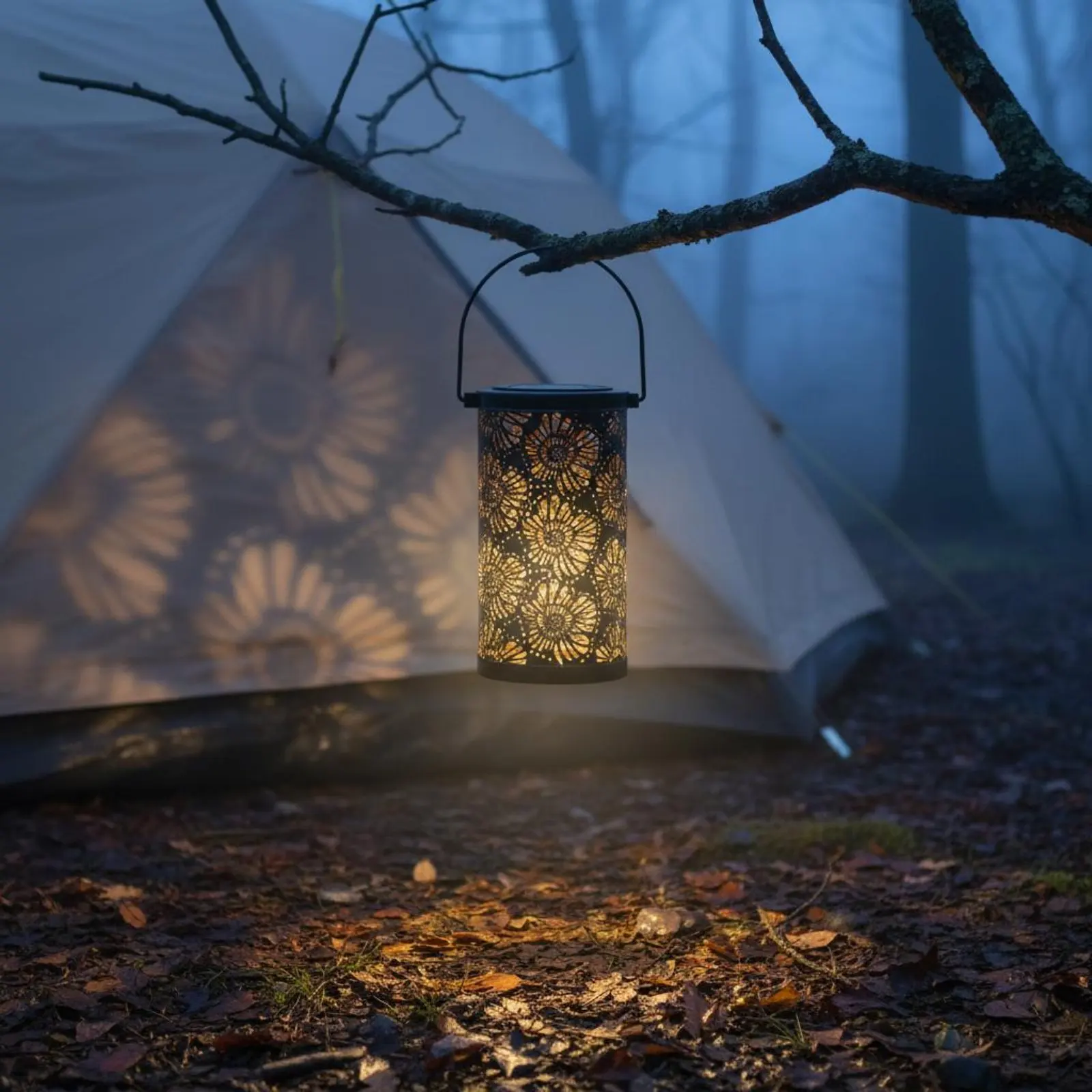 Solar Garden Lantern Weatherproof Hollow Metal Projection Lamp Floral Pattern Hanging Lamp Portable for Balcony, Camping