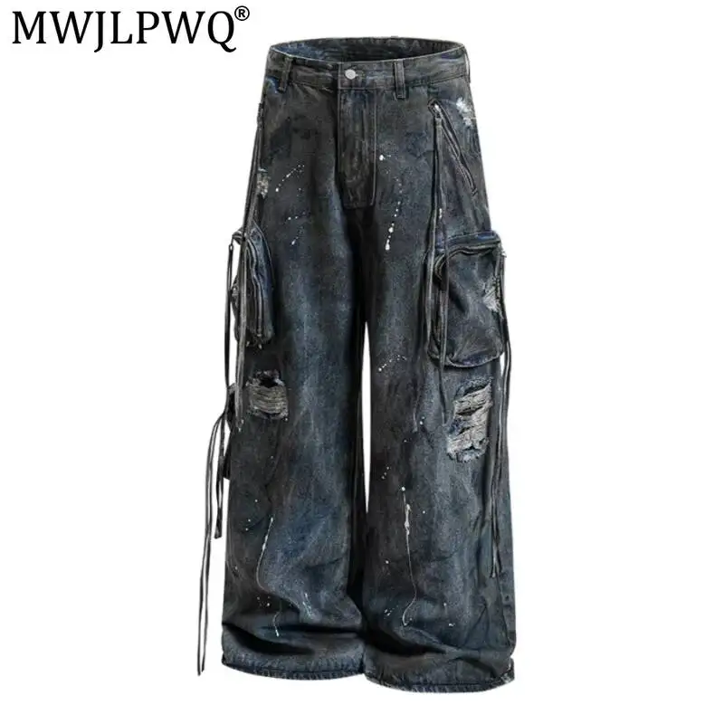 MWJLPWQ Y2K Spray-Painted Ribbon Jeans For Men American High Street Splatter-Ink Heavy-Duty Large-Pocket Niche Trousers 14426
