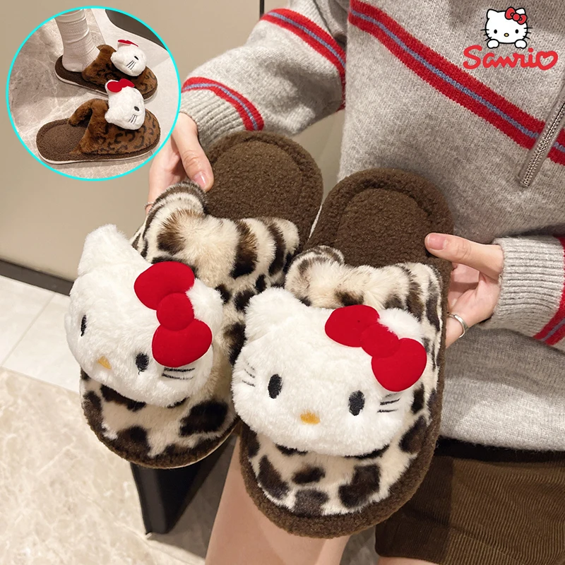 Cartoon anime hello kitty leopard print kitten high-looking retro Baotou furry slippers women's home indoor warm cotton slippers