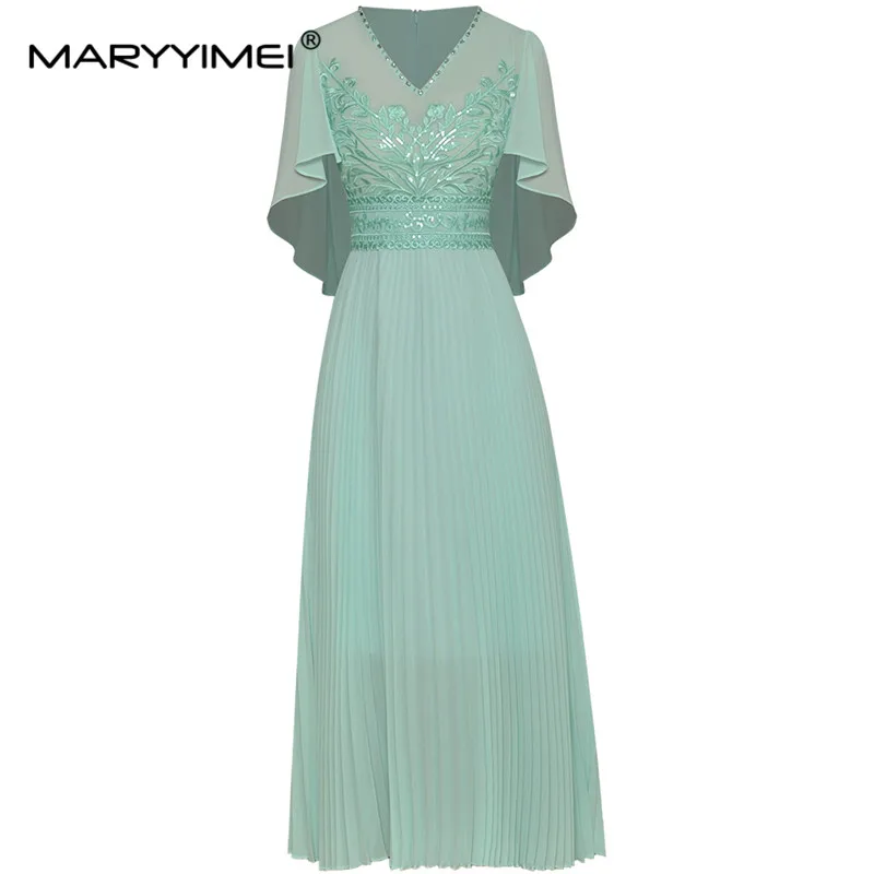 

MARYYIMEI Fashion Designer Summer Women Dress V-neck Butterfly Gorgeous Crystal Beading Embroidery Vacation pleated Dresses