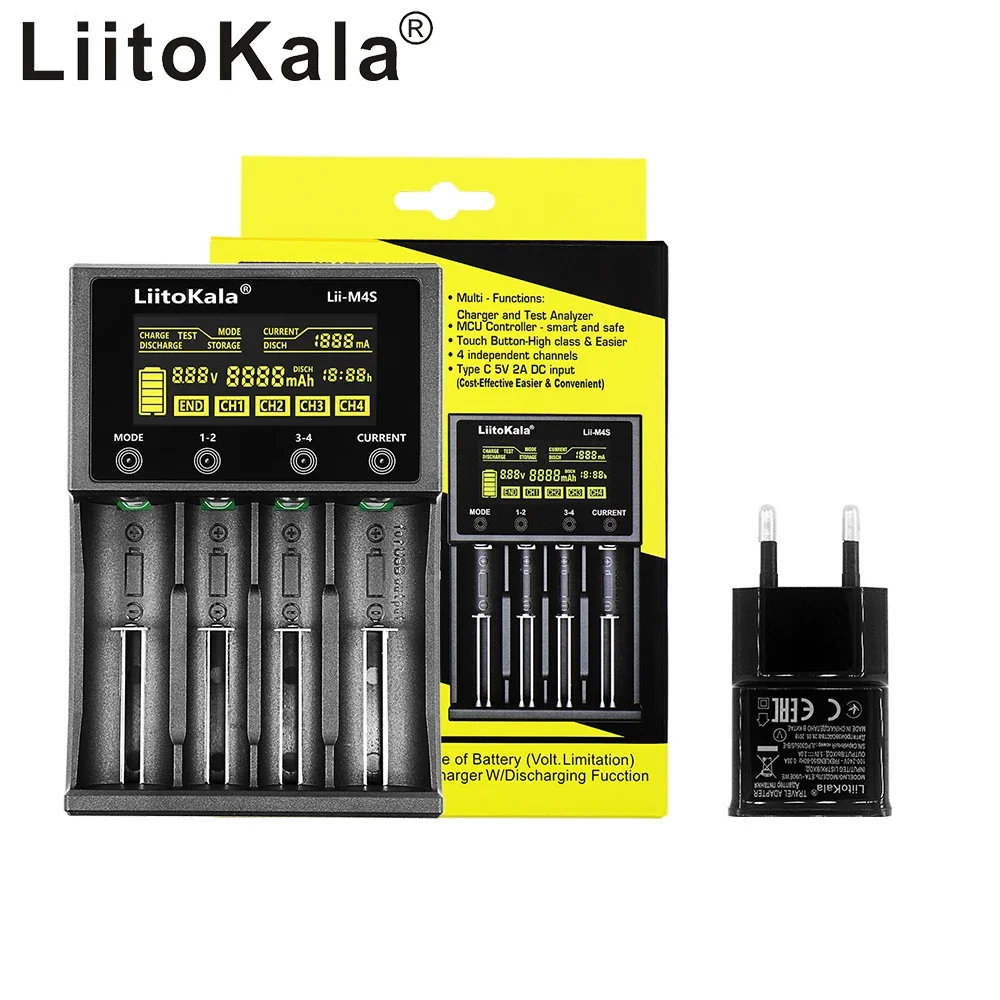 LiitoKala-Display LCD Carregador Inteligente, Lii-M4S, 18650, 26650, 21700, 32650, 20700, 16340, AA, AAA Bateria, 5V2A, USB