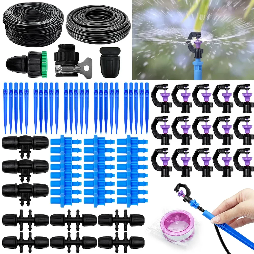 Automatic Watering System 25m 8m Micro Drip Irrigation Kit with 4 6 Split to 8 12 Connector Rotary Scattering Nozzle for Plants
