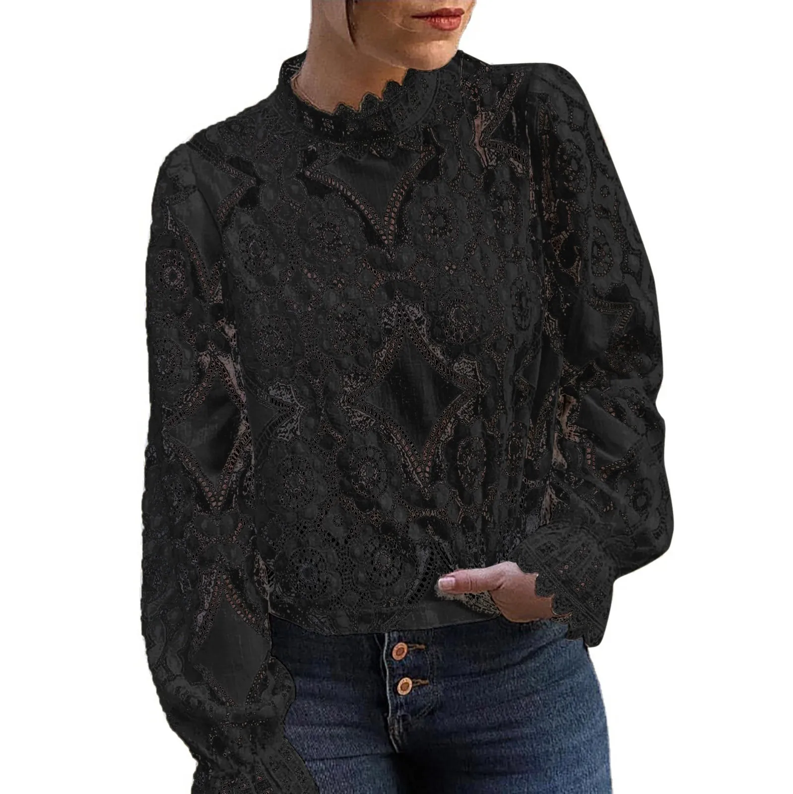 Sexy Lace Print Shirts Women See Through Ruffled Long Sleeved Stand Up Collar Blouses Summer Blusas Mujer Elegantes Y Juveniles