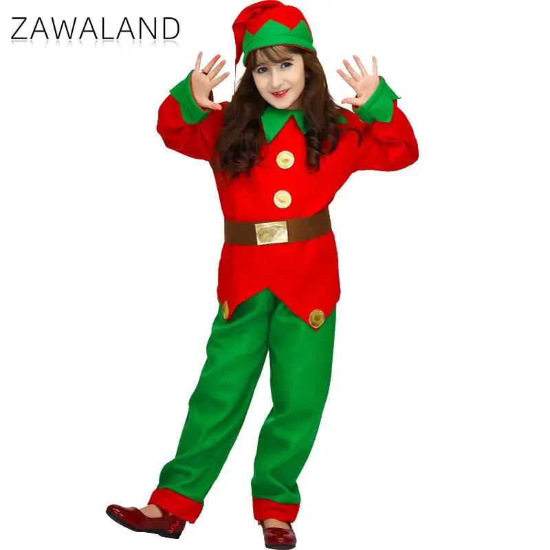 Zawaland Kids Costume di natale ragazzi ragazze Elf Cosplay Set festa di festa regalo vestiti di carnevale con cappello bambini Top pantaloni vestito