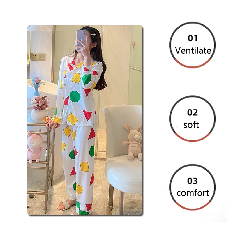 2PCS/Set Men and Women Spring Fall Couples Cute Cartoon Long-Sleeved Plus Size Homewear Green Geometric Patterns School Pajamas