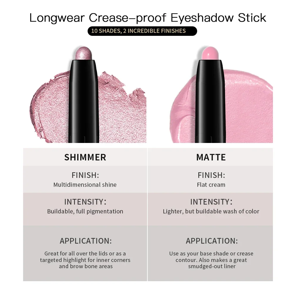 10-Farben-Lidschattenstift, schimmernd und matt, wasserfest, metallischer Glitzer-Lidschatten, Textmarker, Bleistift, Lidschatten, Kosmetik