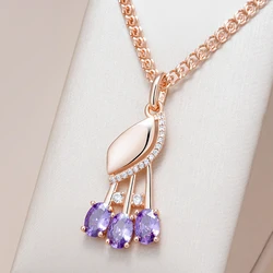 Kinel Hot Shiny Purple Natural Zircon Pendant Necklace For Women Fashion 585 Rose Gold Color Crystal Flower Daily Fine Jewelry