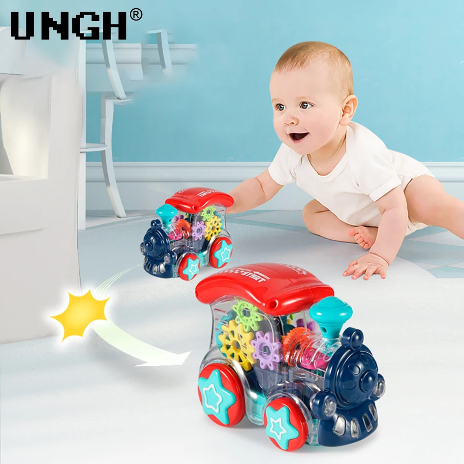 UNGH Cartoon Gear Train Helicopter Intelligence Baby Electric Universal Wheel Car with Light Music Children Toy Kid Random Color