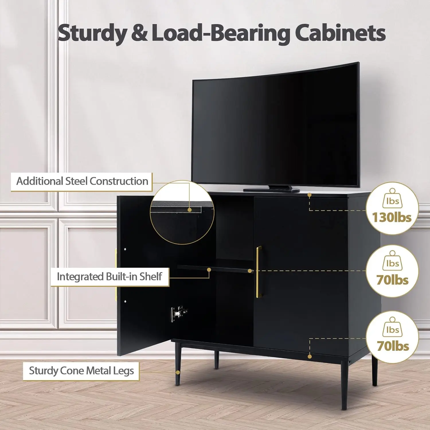 Modern Storage Cabinet, Free Standing Buffet Cabinet, Black Sideboard and Buffet Storage, Wood Accent Cabinet for Living Room