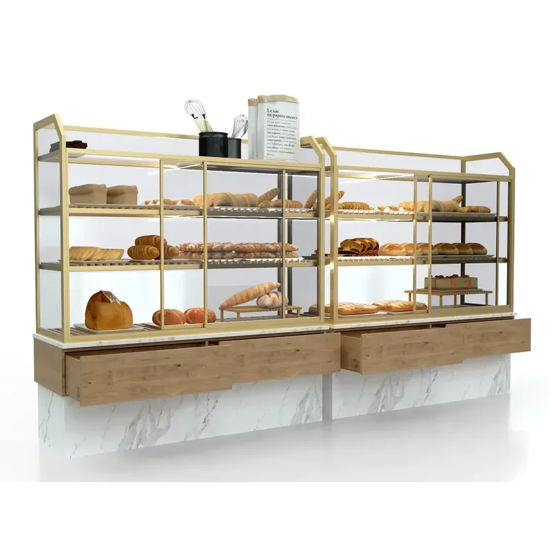 Wood Metal Bakery Bread Display Shelf Cabinet with Custom Billboard