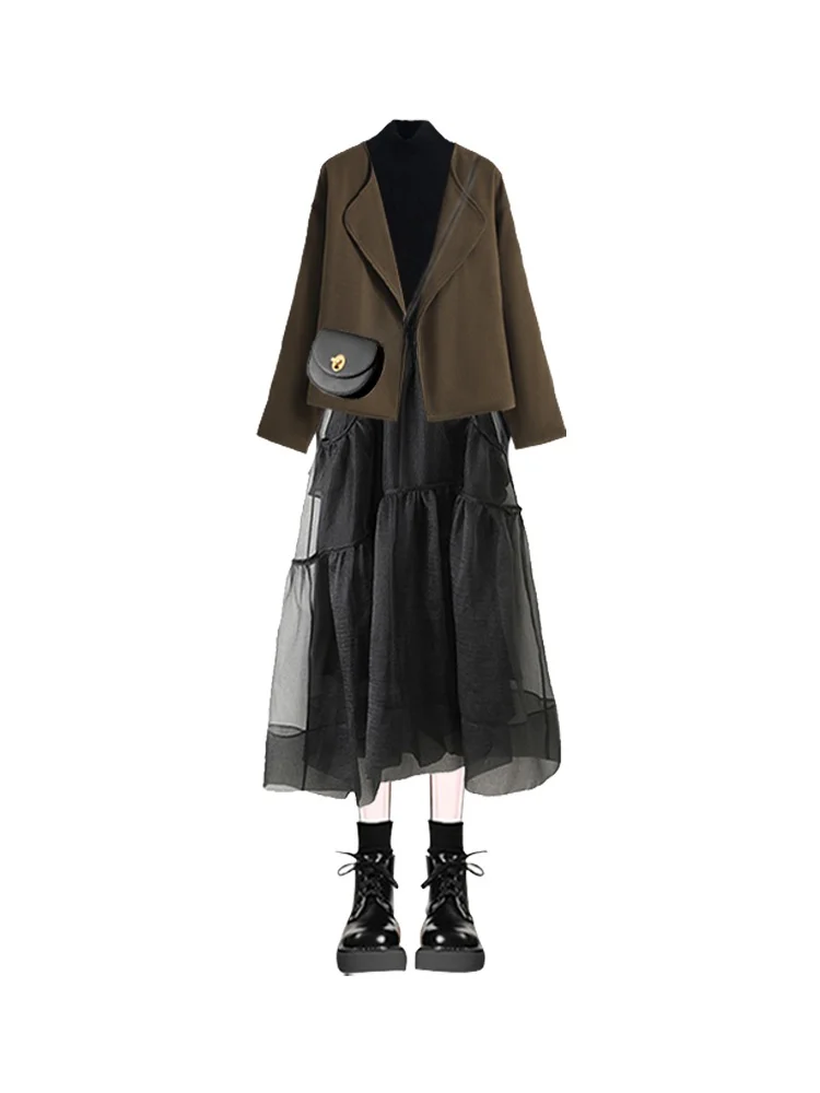 Manteau en laine Premium ort Hepburn Sle Dr automne, nouveau Design Patchwork, ensemble deux pièces, jupe longue trapèze