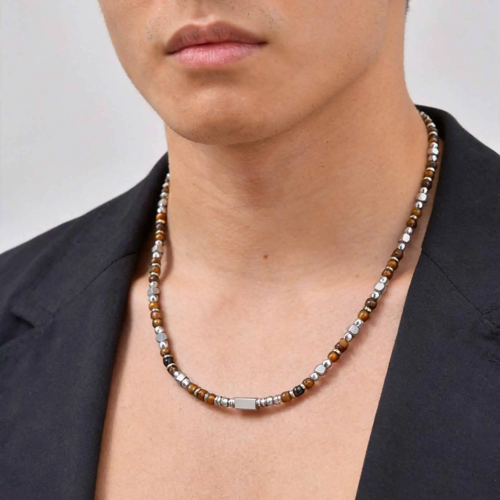 Vnox Stainless Steel Natural Stone Beaded Necklace for Men Women, Trendy Charm Choker, Bohemia 45-53cm Adjustable Length Jewelry - view 3