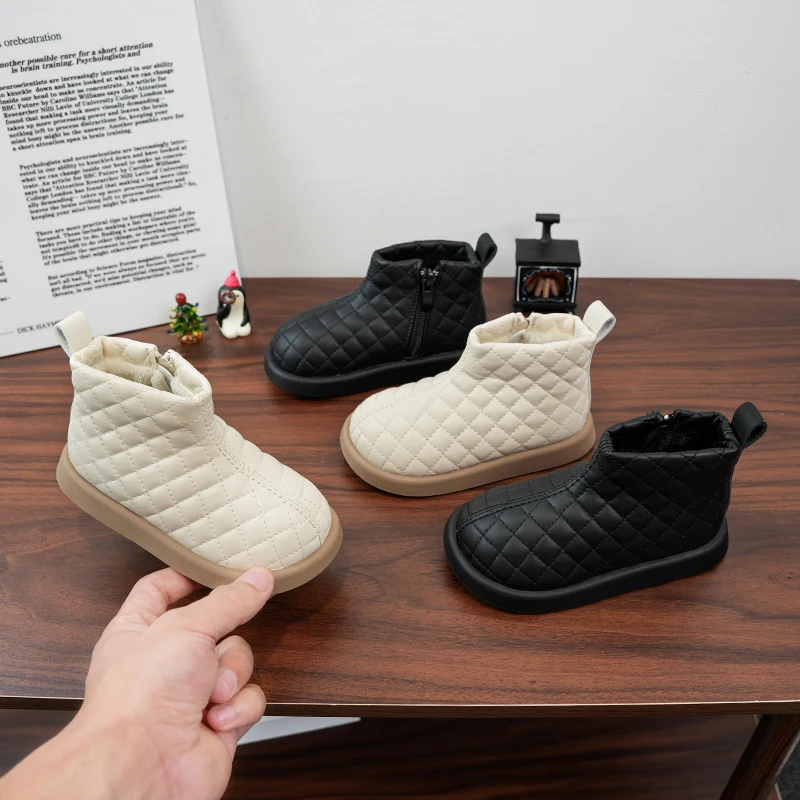 Winter Fashion Toddler Little Girls Ankle Boots Diamond Quilted Warm Front Zipper Chunky Nonslip Boots for Outdoor Daily Wear