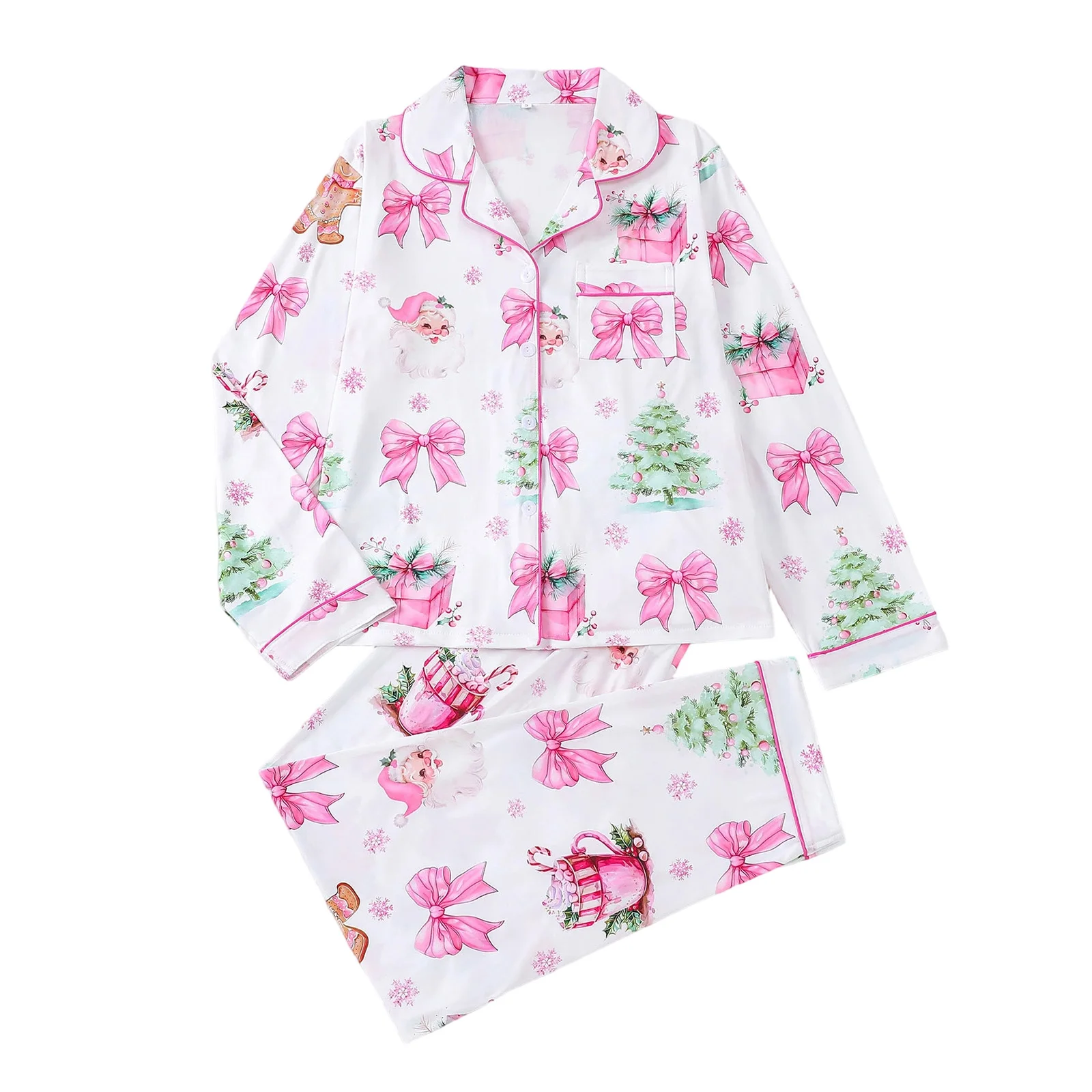 

Женский осенний пижамный комплект с бантом Санта-Клауса, топы на пуговицах с длинными рукавами и лацканами и брюки с эластичной резинкой на талии, комплект из 2 предметов