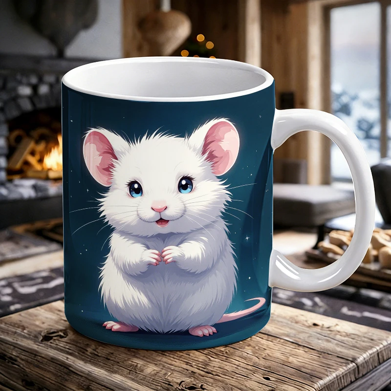Cute Fluffy White Mouse Mug, Magical Starry Night Ceramic Cup, Coffee Cup, Milk Cup, Office Tea Cup, Gift for Friends