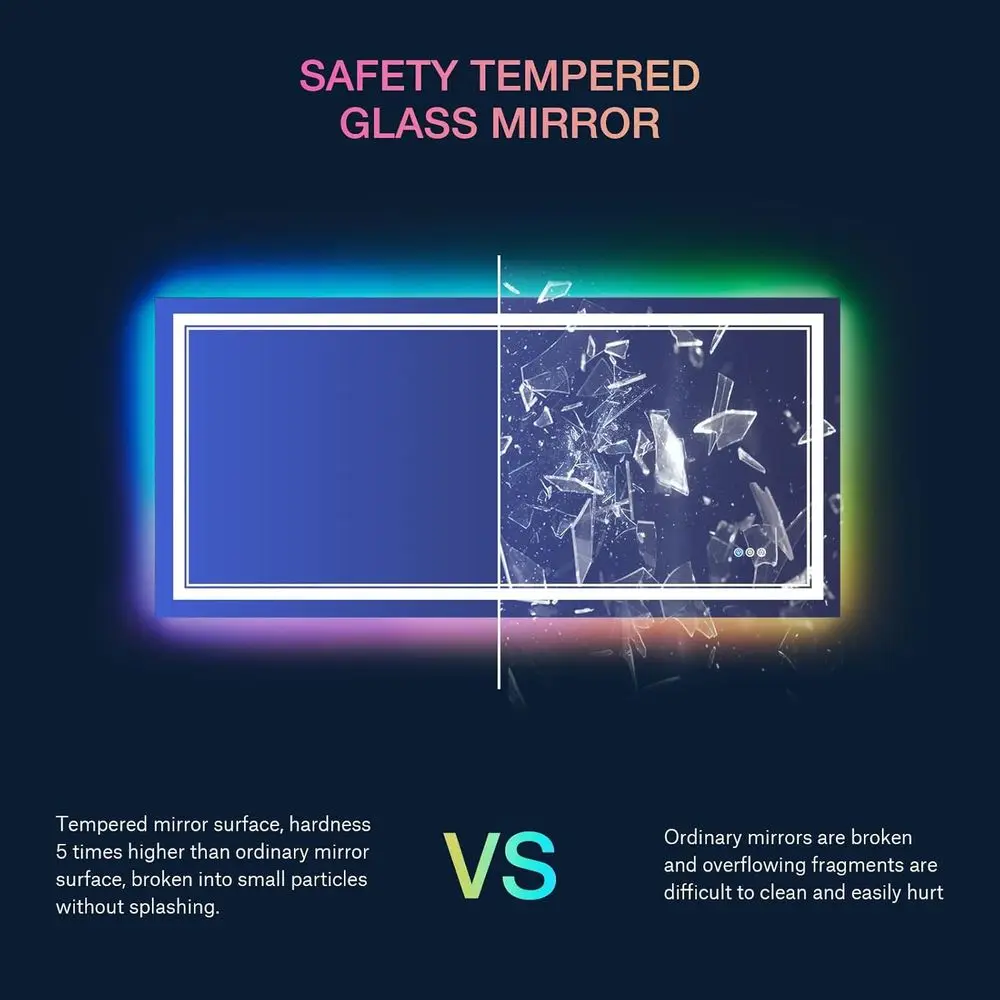 Miroir de courtoisie LED RVB incassable 40 x 24 pouces avec rétroéclairage variable, antibuée et multicolore pour salle de bain