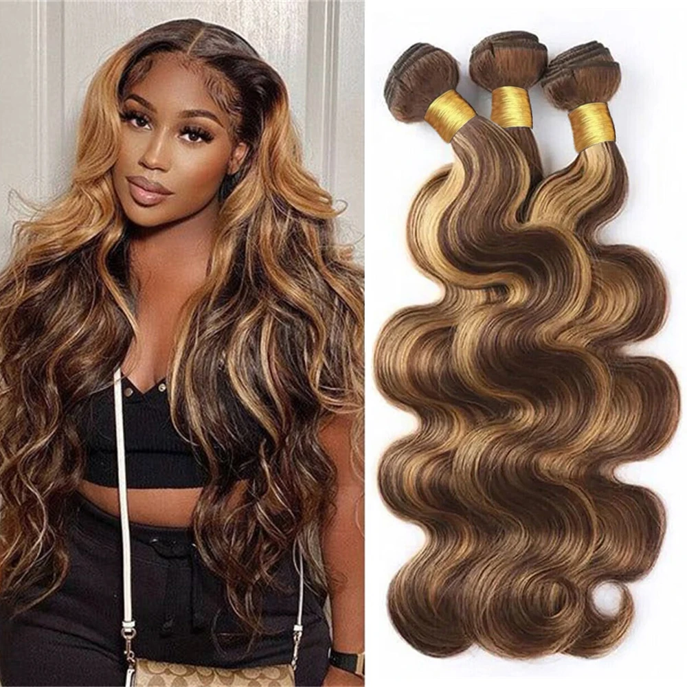 Tissage en Lot Brésilien Naturel Body Wave à Reflets, Cheveux Humains Bruts, Couleur Ombré 100%, 30 Pouces, pour Femme, 4/27