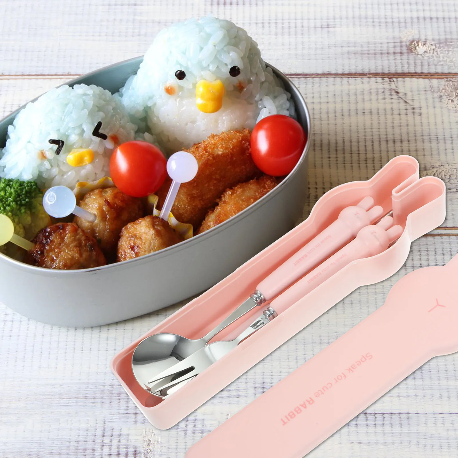 

1 set Portable Cutlery Set 3 Pieces Pink Cartoon Stainless Steel Fork Spoon Chopsticks Travel Dining Utensils Easy Clean Student
