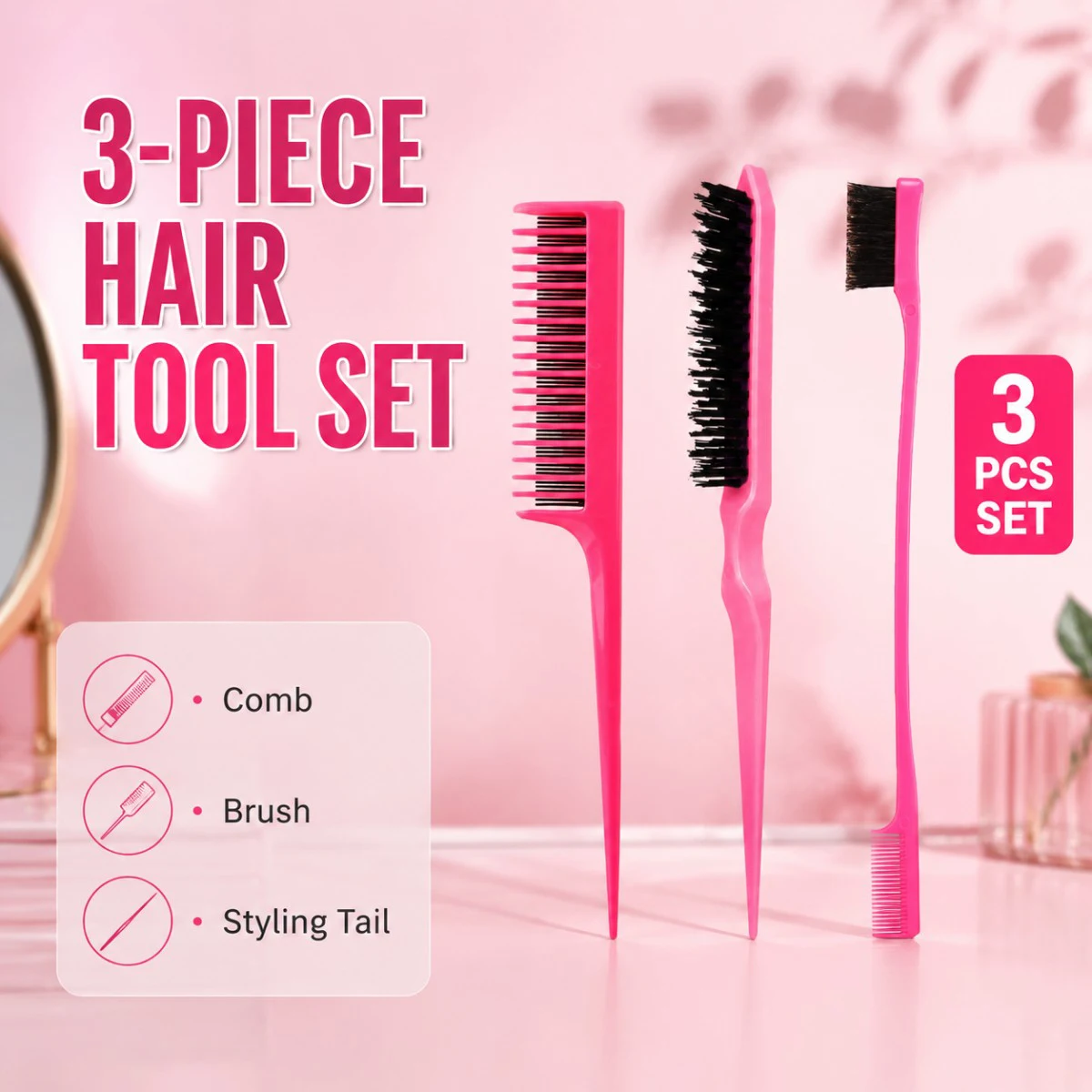 3Pcs Hair Styling Comb Set Teasing Comb Eyebrow Brush Point Tail Comb For Precise Parting Hairline Finish Salon Hairdresser Tool