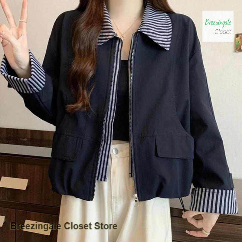 Korean fake two-piece shoulder long-sleeved jacket women's spring and autumn clothes plus size retro loose casual short jacket