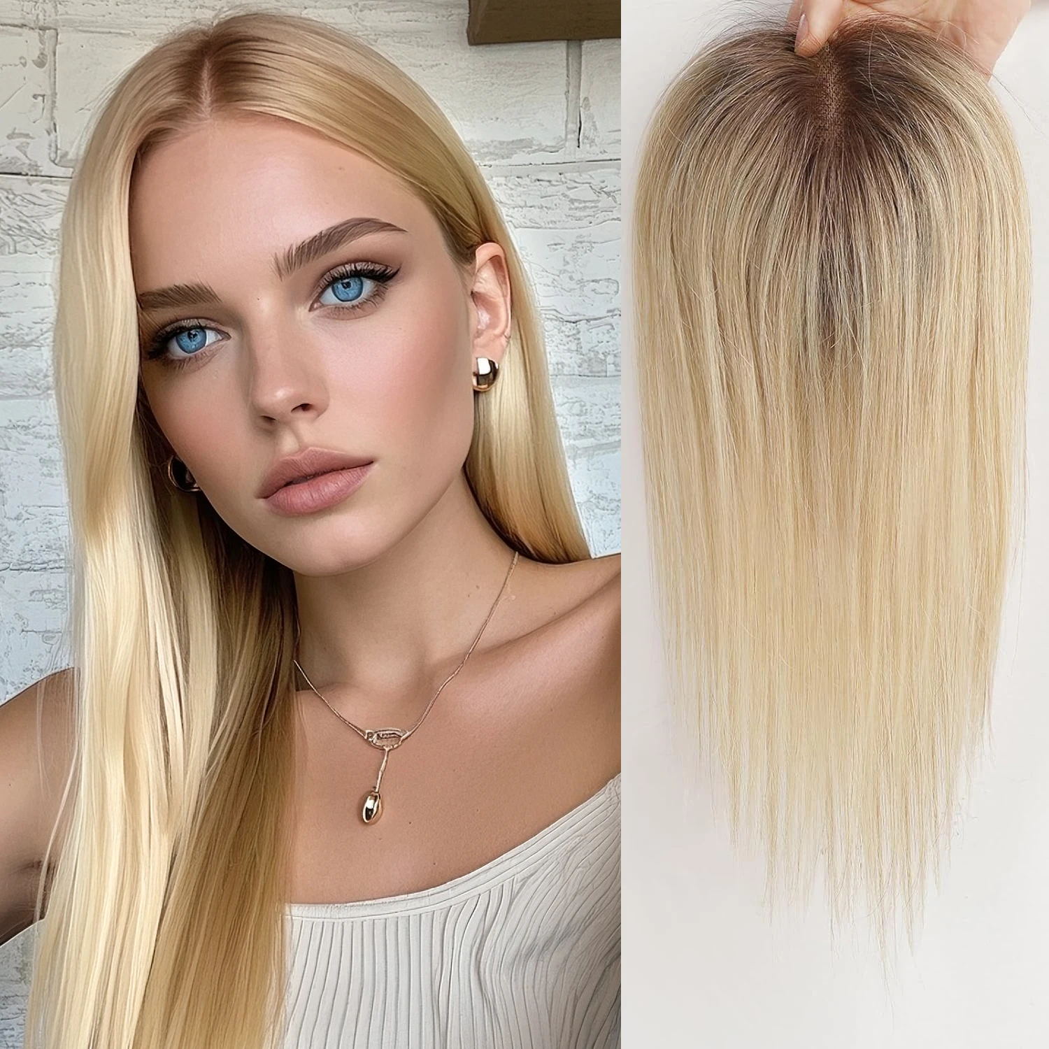 

Hair Toppers Blonde Ombre 100% Remy Human Hair Middle Part Topper HairPieces for Women 150% Density Silk Base 3Clip in Toppers