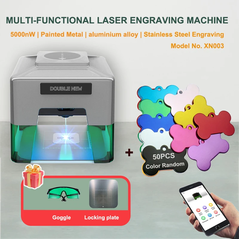 5000nW Mini Laser Engraver Adjustable Focus Engraving Cutting Machine Free DIY with 50pcs Blank Aluminum Alloy Pet ID Name Tag