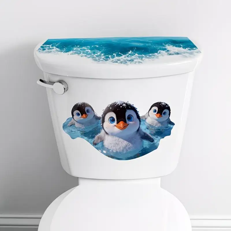 Cute Penguin Toilet Sticker Waterproof Lovely Swimming Pattern Removable Wall Decal for Bathroom Home Decor