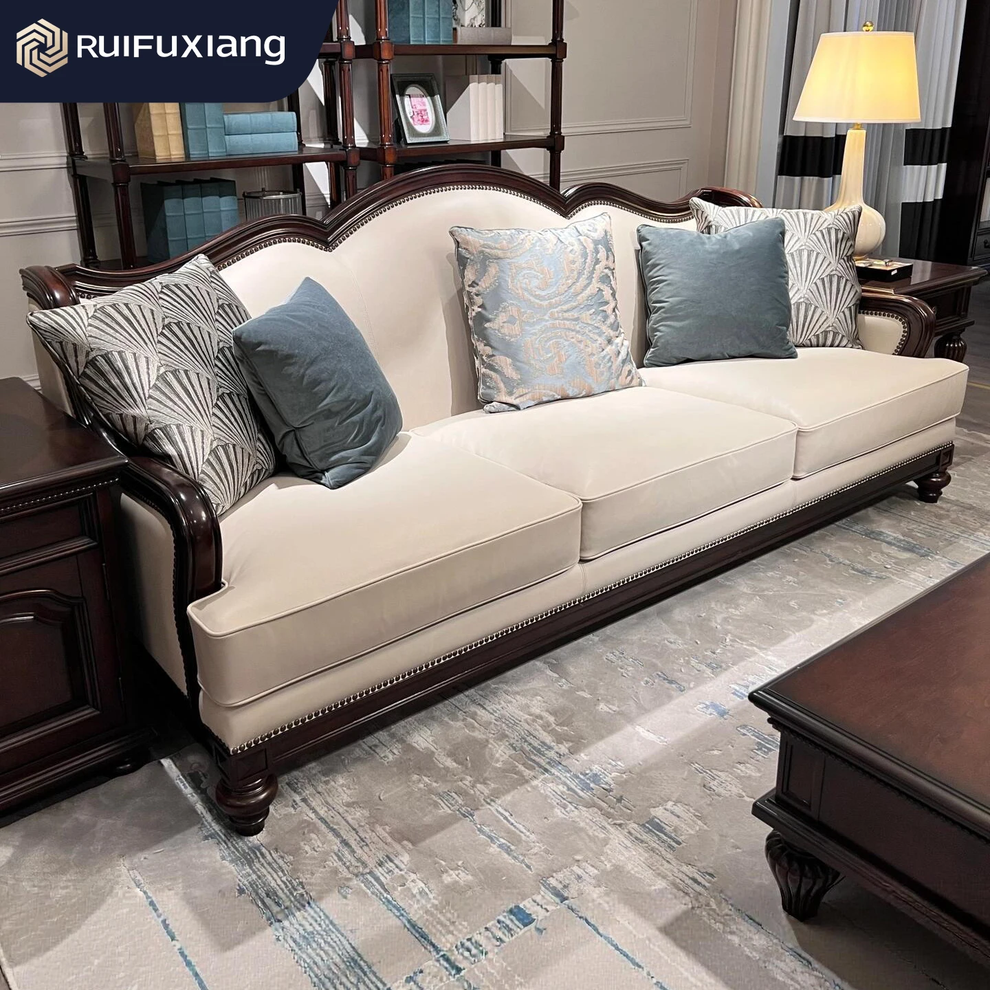 American-style Vintage Solid Wood Sofa Set, French-style Fabric Sofa Combination, Living Room Sofa, Villa and Hotel Furniture