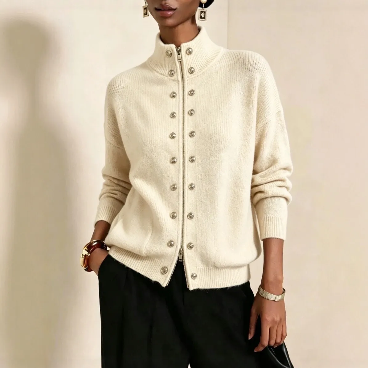 Women Knititng Sweater 2026 Autumn New Women Double Breasted Stand Collar Zip Knit Cardigan Loose Cropped Sweater Coat 2