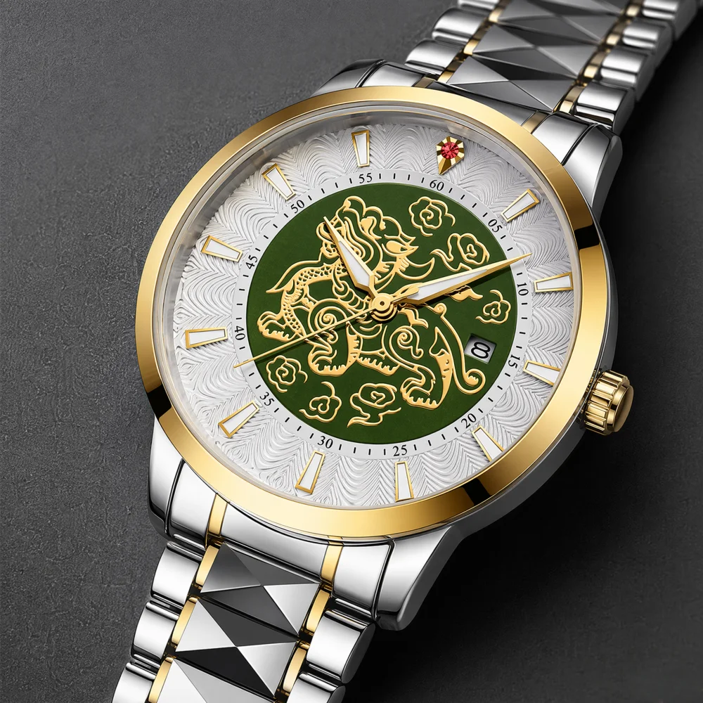 iMen’s Casual Quartz Wristwatch with a Green Dial Featuring Chinese Motifs; Ideal for Daily Commuting and as a Gift