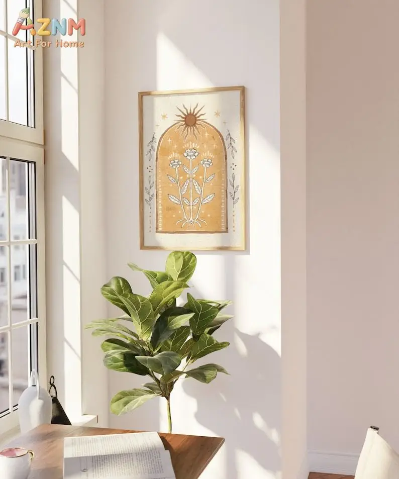 AZNM Boho Sun Floral Arch Canvas Print Vintage Yellow Watercolor Wildflower Star Minimalist Neutral Wall Poster Unframed Bedroom view 3