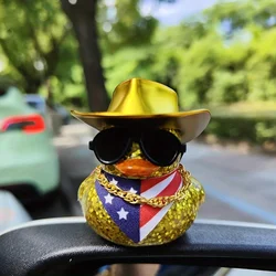 1PC Cute Gold and Rose Red Cowboy Hat Gilded Yellow Duck Car Ornament, Scarf Yellow Duck Car Decoration, Festival Gift