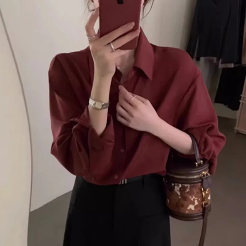 Vintage Wine Red Blouses for Women Korean Fashion Loose Loong Sleeve Lapel Shirts Woman New Versatile Simple Casual Shirt Tops