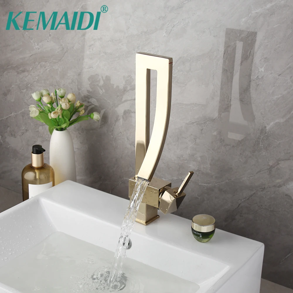 

KEMAIDI Bathroom Basin Sink Faucet Deck Mounted Hot Cold Water Mixer Waterfall Taps Golden Plated Lavatory Sink Tap Crane