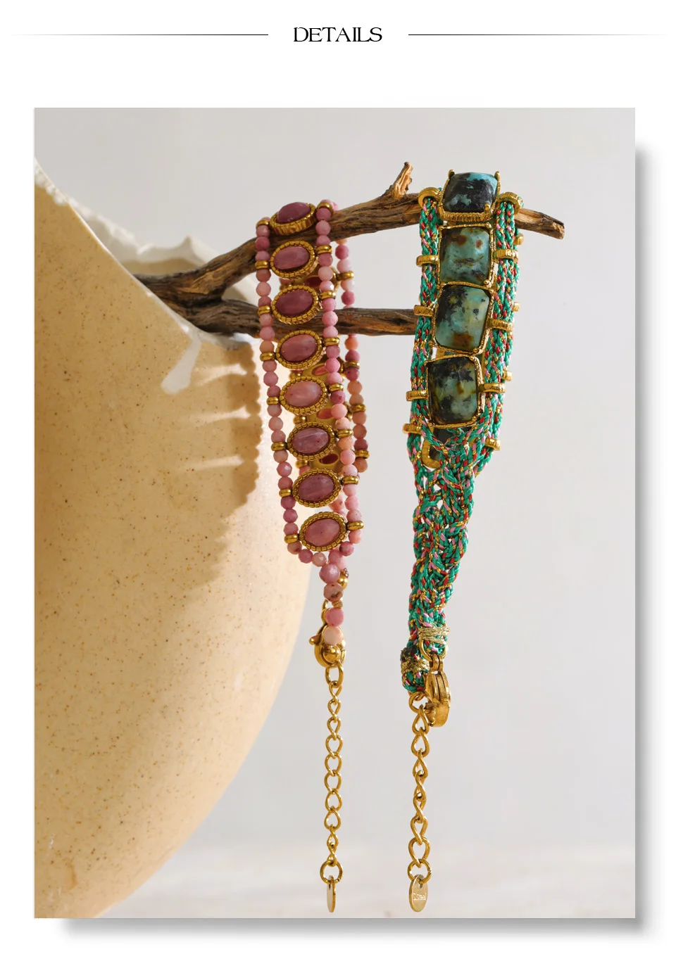 Yhpup Rhodochrosit Afrikanischer Türkis Stein Kettenarmband für Frauen Edelstahl Handgefertigter Exquisiter Schmuck – Detail 8
