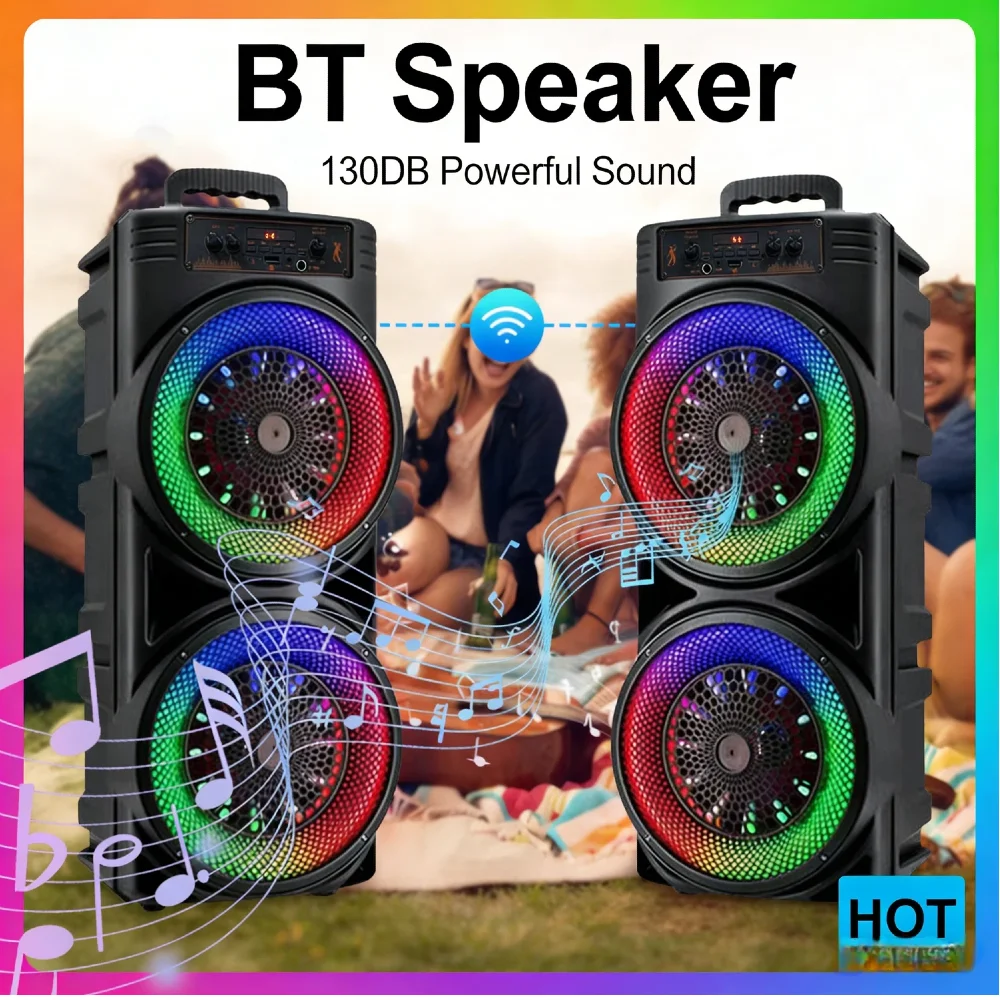 

Wireless Outdoor Bluetooth Speaker Dual Subwoofer Deep Bass RGB Sync Circular Lights Long Playtime Loud Boombox for Party BBQ Sp