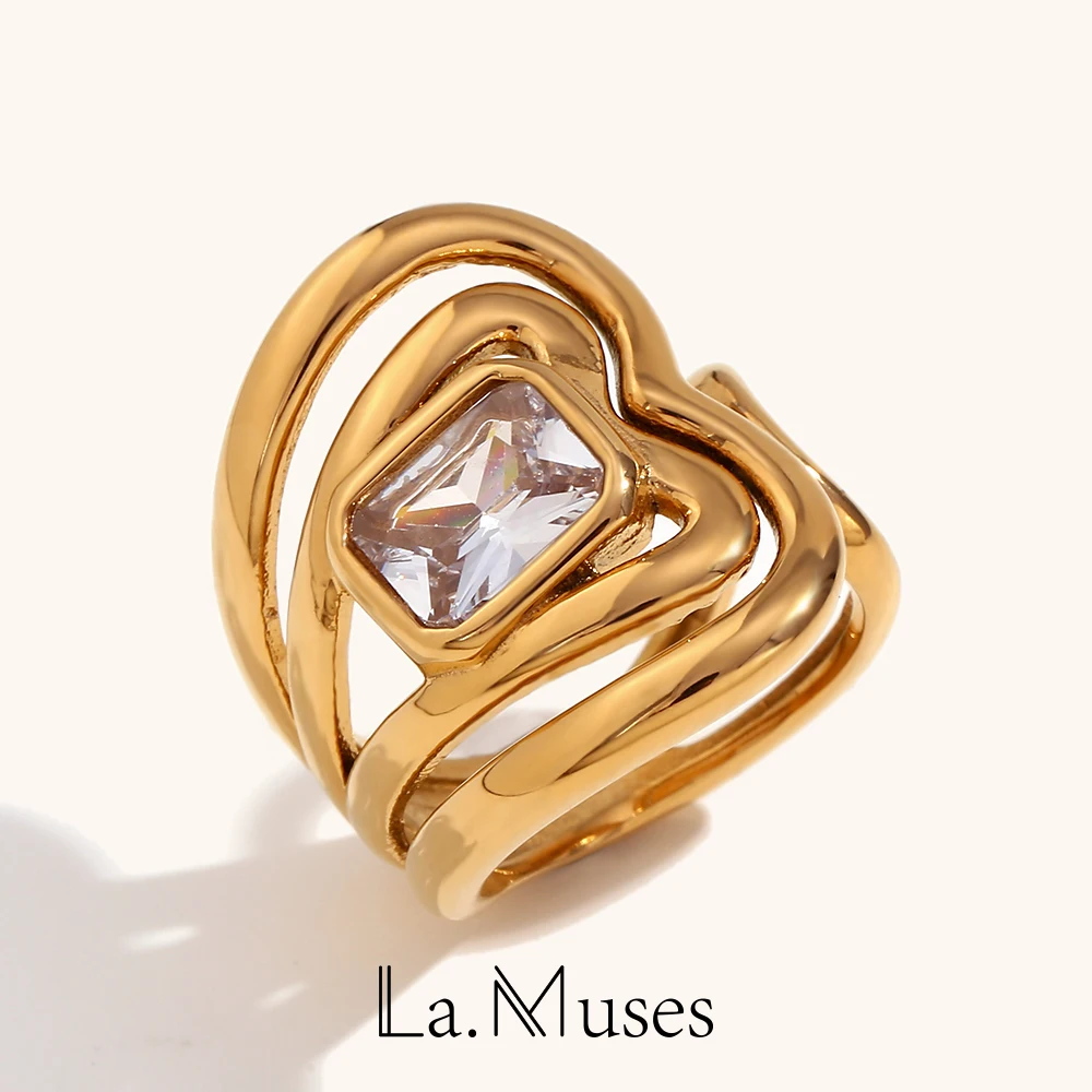 La. Muses Romantic Gold Silver Color Elongated Heart Shiny Zircon Opening Rings Waterproof Stainless Steel Rings For Women 2024