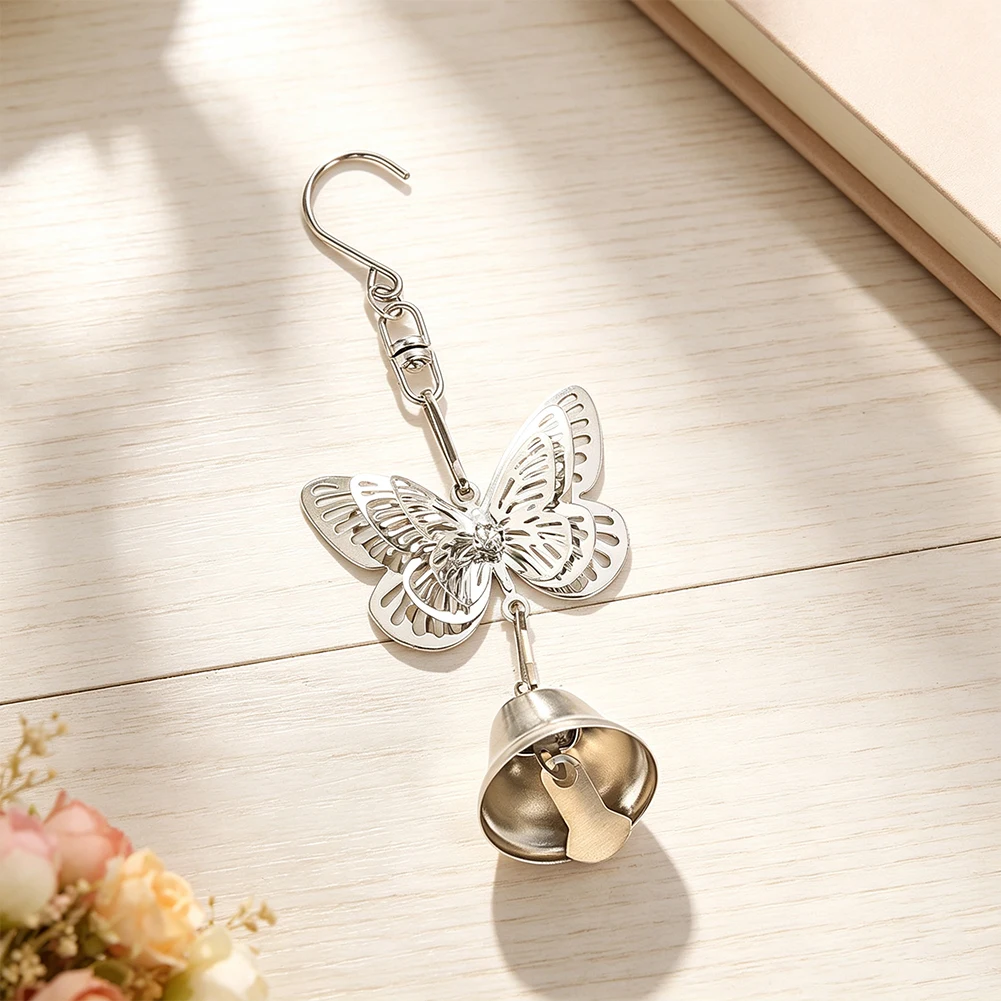 Silver Metal Butterfly Bell Suncatcher Pendant Hollow Insect Windchime Hanging Ornament for Patio Balcony Festival Decor 5.9g