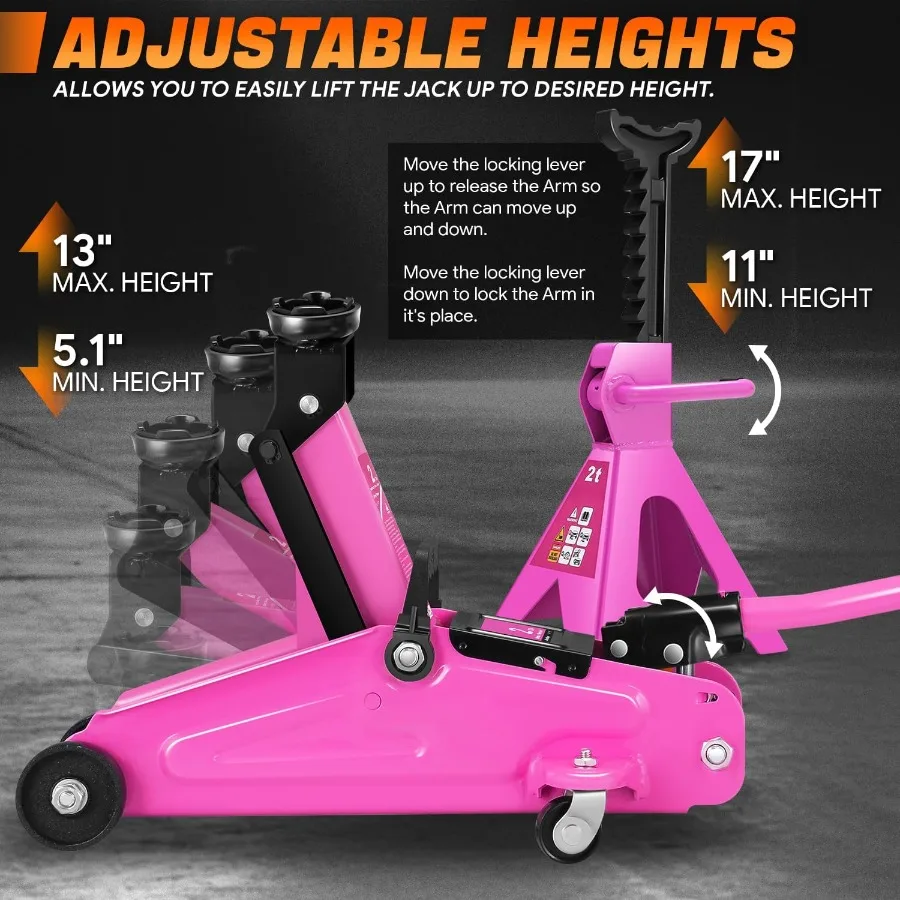 Combinación de cric de piso de servicio de carrito hidráulico de perfil bajo con 2 soportes de gato de trinquete, capacidad de 2 toneladas y 4000 libras, color morado, ideal para automóvil