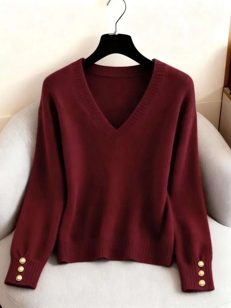 

plus Size Red V-Ne Knitwear Women's Autumn Winter Ele Design Cisas Theme Long Sve Casual Comfortable Top