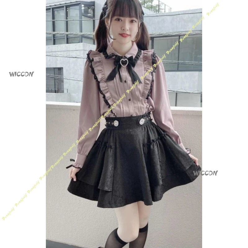 

Женские рубашки в японском стиле Kawaii: блузка Jirai Kei Lolita Y2K, милая элегантная рубашка с длинным рукавом, повседневная эстетичная рубашка и юбка