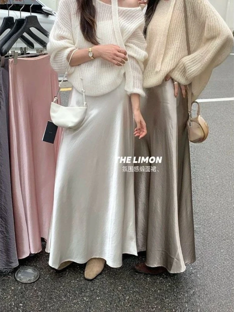 New Solid Champagne Black Midi Skirts for Women Fashion Korean Summer Women's Long Skirt Silk High Waisted Slim Satin Skirt